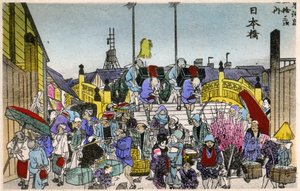 Geographie. Japan. Das Morgenrot an der Nihonbashi (1. Station). Holzschnitt von Hiroshige in: Dreiundfünfzig Stationen des Tokaido (1833-1834). Postkarte, Japan, ca. 1900 von Ando or Utagawa (after) Hiroshige