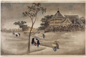 (Großes Gebäude mit Hütten darunter) von Ando or Utagawa Hiroshige