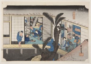 Akasaka: Gasthaus mit Dienerinnen (Farbholzschnitt) von Ando or Utagawa Hiroshige