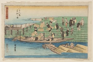 Boote, die bei Hachikenya anlegen von Ando or Utagawa Hiroshige