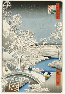 Trommelbrücke und "Sonnenuntergangshügel" in Meguro, aus der Serie "Hundert Ansichten berühmter Orte in Edo"
