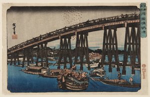 Abendkühle an der Ryōgoku-Brücke genießen (Farbholzschnitt) von Ando or Utagawa Hiroshige