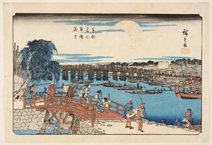 Feuerwerk an der Ryōgoku-Brücke (Farbholzschnitt)