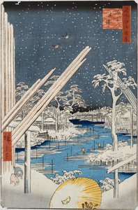 Holzlager in Fukagawa, aus der Serie "Hundert Ansichten berühmter Orte in Edo" von Ando or Utagawa Hiroshige