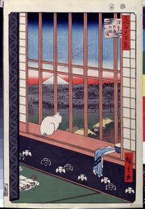 Serie "Die hundert berühmten Ansichten von Edo": "Die Reisfelder von Asakusa während des Hahnenfestes, eine Katze sitzt auf dem Fenstersims". Druck von Utagawa Hiroshige (1797-1858) 19. Jahrhundert, Puschkin-Museum, Moskau von Ando or Utagawa Hiroshige