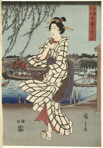 Frau, die an einem Flussufer spaziert, veröffentlicht um 1848