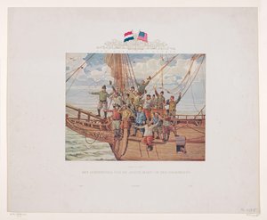 Das Schiff von Henry Hudson, die Halve Maen, nähert sich der nordamerikanischen Küste, 1609 von André Vlaanderen