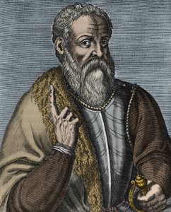 Hernando Cortez oder Cortes (1485-1547) spanischer Konquistador, Gravur nach Andre Thevet (1516-1590) - Porträt des Konquistadors Hernan (oder Hernando) Cortes oder Fernand Cortez (1485-1547)