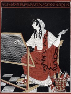 Odyssee von Homer: Penelope, die ständig ihr Gewebe auf ihrem Webstuhl auftrennt und wiederherstellt, während sie auf die Rückkehr von Odysseus wartet. Illustration von Andre Bonamy (1880-1943) in „Le retour d