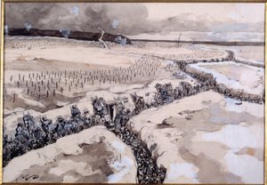 Vor einem Angriff. Soldaten in den Schützengräben kurz vor dem Angriff im Winter 1915 (Aquarell und Bleistift)