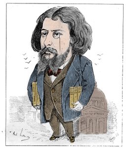 Karikatur von Alphonse Daudet (1840-1897), einem französischen Schriftsteller, dargestellt mit seinen Büchern und seinem Monokel vor dem Institut de France in Paris. Zeichnung von André Gill. Gravur in „Le Monde Illustré“.