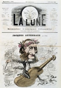 Karikatur von Jacques Offenbach (1819 - 1880), reitend auf einer Geige - von Gill in „La Lune“ vom 04/11/1866 von Andre Gill