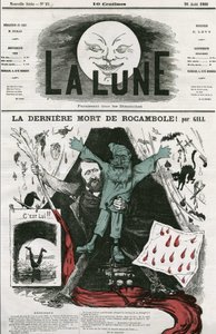 Karikatur von „La dernière mort de Rocamole“ und seinem Autor, Pierre Alexis Ponson du Terrail (1829-1871). Karikatur von Gill, in „La Lune“, 26. August