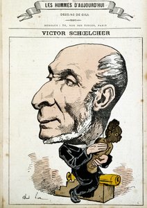Humoristische Zeichnung über Victor Schoelcher und die Abschaffung der Sklaverei - von Gill, in „Die Männer von heute“