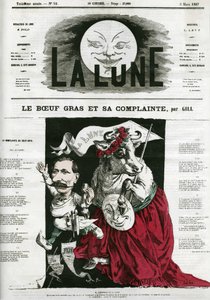 Le Boeuf gras et sa lamentte, Illustration eines Liedes. Karikatur von Gill, in „La Lune“, 3. März von Andre Gill