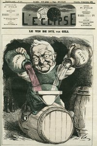 Le vin de 1872, Illustration von Adolphe Thiers, der weißen und roten Wein mischt (1797-1877), französischer Historiker und Staatsmann. Titelblatt in „L