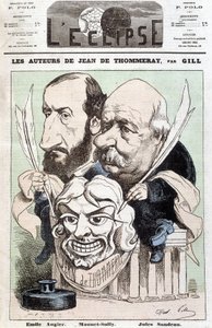 Porträt von Émile Augier und Jules Sandeau, Autoren des Stücks „Jean de Pommeray“, halten eine Maske, die das Gesicht des Komikers Mounet-Sully darstellt von Andre Gill