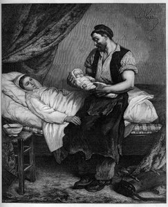 Das Neugeborene. Gravur nach dem Gemälde von Andre Gill (1840-1885) in „Die illustrierte Welt“ Nr. 1283 vom 29. Oktober