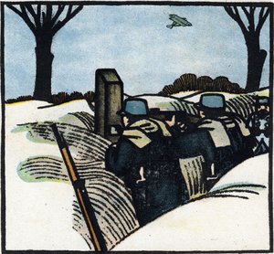 Erster Weltkrieg 1914-1918: Soldaten der französischen Armee in einem Graben. Gravur in „Alphabet des Großen Krieges 1914-1916 (für die Kinder unserer Soldaten)“. Editions Berger-Levrault von Andre Helle
