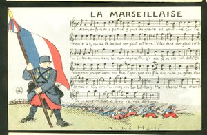 Postkarte, satirisch in Farben: La Marseillaise - Krieg von 14-18, Marseillaise, singende Illustration von Andre Helle (1875-1945) von Andre Helle