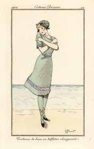 Frau am Strand im Badeanzug aus zweifarbigem Taft von Andre Pecoud
