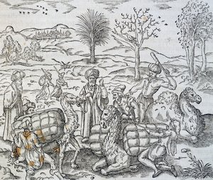 Arabische Händler in Syrien, Gravur aus der Universal Cosmology, von Andre Thevet von Andre Thevet