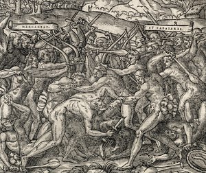 Schlacht zwischen den Margageaz- und Tabajares-Stämmen, Gravur aus Universal Cosmology, von Andre Thevet