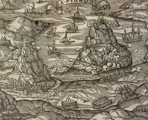 Seeschlacht bei der Insel Le Pignon, Stich aus Cosmographie universelle, von Andre Thevet (1504-1592), Paris