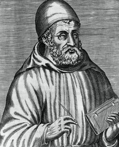 Porträt von John Duns, allgemein bekannt als Duns Scotus (1265 oder 1266-1308), schottischer Philosoph und Theologe, Gravur von Andre Thevet (1504-1592) aus Les vrais pourtraits et vies des hommes illustres grecz, latins et payens