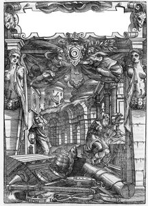 Tafel aus dem Buch „De architectura“, behandelt die Architektur von Marcus Vitrubius Pollio genannt Vitruv (1. Jahrhundert v. Chr.), römischer Architekt. Italienische Ausgabe von 1556. Gravur nach einer Zeichnung von Palladio. von Andrea (after) Palladio