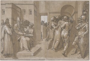 Christus wird weggeführt, Soldaten stehen auf der rechten Seite des Blattes, 1585