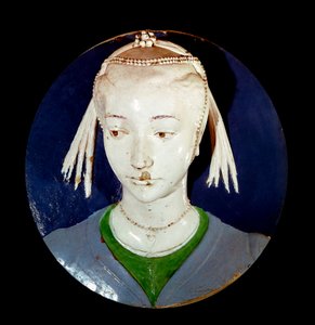 Porträt eines jungen Fremden Tondo in Terrakotta-Dekor von Andrea della Robbia