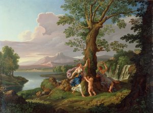 Flusslandschaft mit einer Nymphe, die einen Ast von einem blutenden Baum pflückt