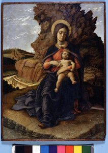 Andrea Mantegna, Die „Jungfrau der Steinbrüche“: Jungfrau und Kind und im Hintergrund Steinbrüche mit arbeitenden Arbeitern, Uffizien, Florenz von Andrea Mantegna