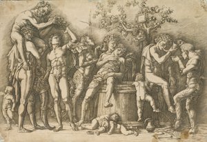 Bacchanal mit einem Weinfass, ca. 1470-90 (Gravur und Kaltnadelradierung)