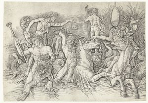 Kampf zwischen Satyrn auf Hippokampen und alter Frau als Personifikation des Neids auf dem Rücken eines Drachen