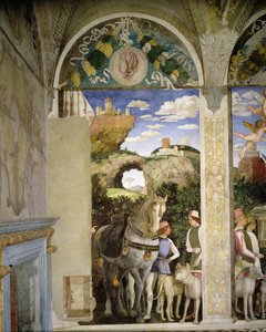Pferd und Stallbursche mit Jagdhunden, aus der Camera degli Sposi oder Camera Picta, 1465-74 (Detail)
