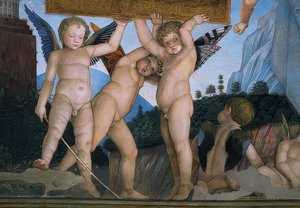 Putti mit Schmetterlingsflügeln eine Widmungsplakette haltend (Detail)