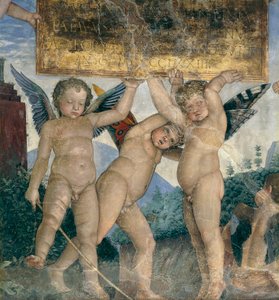 Geflügelte Putten halten die Widmungstafel (Detail)