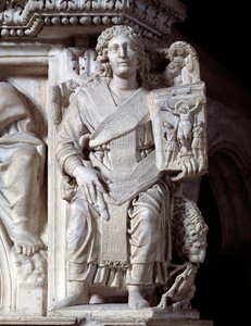 Gotische Kunst: Der Erzengel Michael hält eine Tafel mit Kreuzigung (Skulptur der Kanzel) von Andrea Pisano