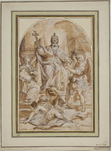 Ein Papst auf dem Thron, flankiert von einem Engel mit einem Buch und St. Michael, der einen Türken erschlägt