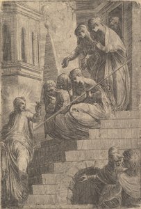 Christus spricht eine Gruppe von Frauen an, die auf Stufen sitzen und stehen, ca. 1541-44