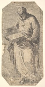 Heiliger Petrus hält ein großes offenes Buch, Schlüssel an seiner Seite, aus 