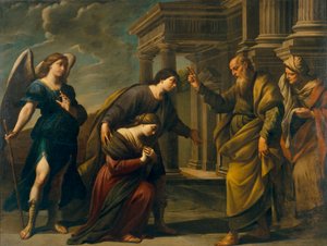 Raguel segnet seine Tochter Sarah vor ihrer Abreise nach Ekbatana mit Tobias - Andrea Vaccaro, Öl auf Leinwand, ca. 1640, italienische Kunst des 17. Jahrhunderts