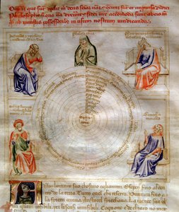 Allegorie der Philosophie in „Chansonne des sept Vertus et des sept Arts liberales destinee a Bruzio Visconti“ (La Canzone delle Virtu e delle Scienze) von Bartolomeo di Bartoli. Aquarell von Andrea di Bartoli (aktiv zwischen 1358 und 1368) von Andrea de Bartoli