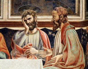 Das letzte Abendmahl, Detail von Jakobus, Sohn des Alphäus und Simon von Andrea del Castagno