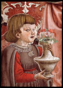 Jungfrau mit Kind, zwei Engeln, Johannes dem Täufer und einem weiteren Heiligen, sowie zwei Kindern der Familie Pazzi (Detail)