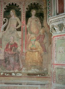 Die kämpfende und triumphierende Kirche, im spanischen Kapellendetail von Rhetorik, Cicero, Grammatik und Aelius Donatus von Andrea di Bonaiuto (fl.1343 77)