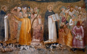 Triumph der kämpfenden Kirche: Thomas von Aquin vor den Ketzern und unten rechts, Fra Dolcino zerreißt die offizielle Lehre der Kirche. Kapelle der Spanier (Detail des Freskos, 1365) von Andrea di Bonaiuto (fl.1343 77)