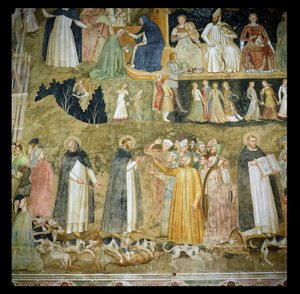 St. Dominikus sendet die Hunde des Herrn aus, mit St. Peter Martyr und St. Thomas von Aquin, ca. 1369 von Andrea di Bonaiuto